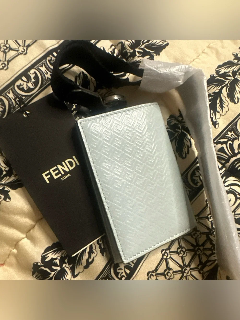 Fendi Roma Blue Leather Card Case with Black Strap NWT, Box Unisex